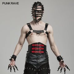WS-635YDM Punk Rave Punk Corset Spiked Leather Waist Cincher with Red Buckle Straps?-??Punk Rave Clothing