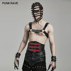 WS-635YDM Punk Rave Punk Corset Spiked Leather Waist Cincher with Red Buckle Straps?-??Punk Rave Clothing