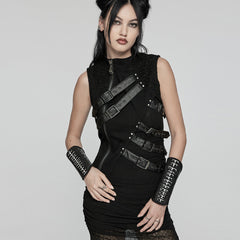WS-640SSF Lace-Up Black Faux Leather Punk Gothic Arm Warmers?-??Punk Rave Clothing