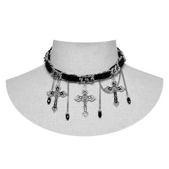 WS-659LHF Gothic Elegance Cross Choker Necklace Gothic Accessories Vintage Silver?-??Punk Rave Clothing