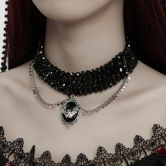 WS-710LHF Gothic Black Beaded Choker with Bat Pendant Punk Accessories?-??Punk Rave Clothing