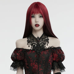 WS-711LHF Gothic Ruby Black Lace Choker Necklace with Beaded Fringe?-??Punk Rave Clothing
