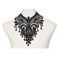 WS-711LHF Gothic Ruby Black Lace Choker Necklace with Beaded Fringe?-??Punk Rave Clothing