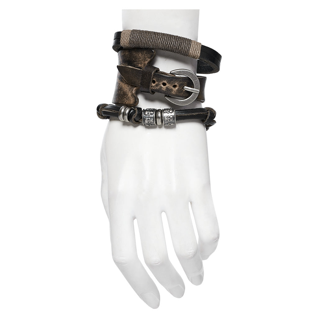 WS-714SSF Edgy Leather Layered Punk Bracelet Set with Metal Accents?-??Punk Rave Clothing