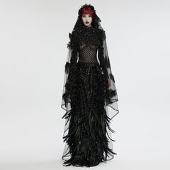 WS-731FSF Gothic Feathered Elegance Sheer Long Black Veil Dress?-??Punk Rave Clothing