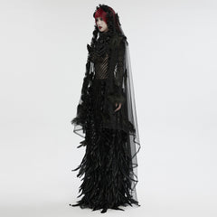 WS-731FSF Gothic Feathered Elegance Sheer Long Black Veil Dress?-??Punk Rave Clothing