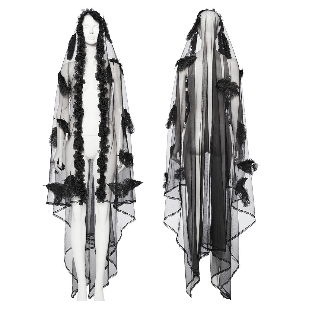 WS-731FSF Gothic Feathered Elegance Sheer Long Black Veil Dress?-??Punk Rave Clothing