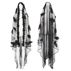 WS-731FSF Gothic Feathered Elegance Sheer Long Black Veil Dress?-??Punk Rave Clothing
