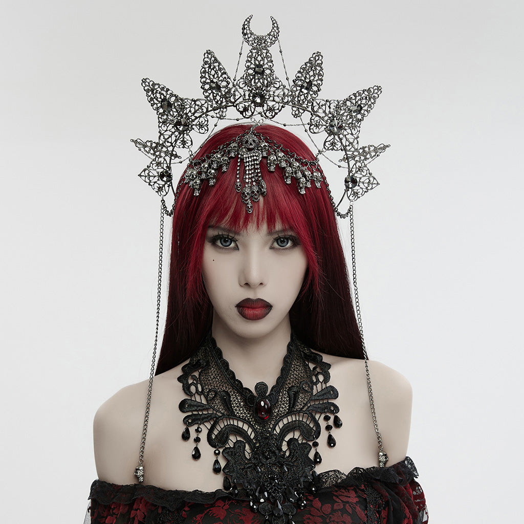 WS-737FSF Skull Chain Gothic Crown Headpiece Silver Crescent Moon Design?-??Punk Rave Clothing
