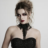 WS-773LHF Gothic Accessories Lace Choker Black Fringe Dramatic Necklace