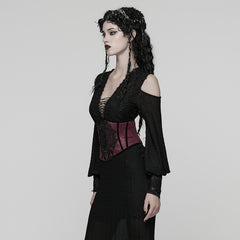 WS-776YDF Gothic Corset Lace Embroidered Velvet Maroon Waist Cincher Tie Back