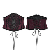 WS-776YDF Gothic Corset Lace Embroidered Velvet Maroon Waist Cincher Tie Back