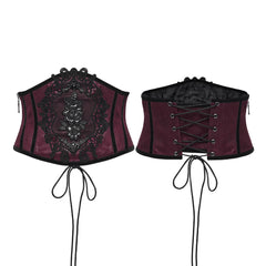 WS-776YDF Gothic Corset Lace Embroidered Velvet Maroon Waist Cincher Tie Back