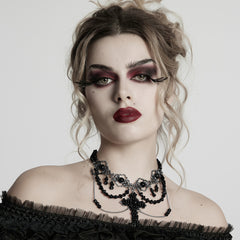 WS-781LHF Gothic Accessories Black Beaded Choker Necklace with Cross Pendant