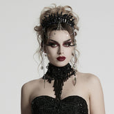 WS-784FSF Gothic Accessories: Elegant Black Crown with Chains and Jewel Headpiece Gothic Accessories Black Beaded Crown with Dramatic Choker Set