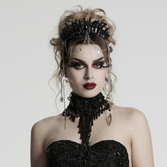 WS-784FSF Gothic Accessories: Elegant Black Crown with Chains and Jewel Headpiece Gothic Accessories Black Beaded Crown with Dramatic Choker Set