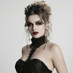 WS-784FSF Gothic Accessories: Elegant Black Crown with Chains and Jewel Headpiece Gothic Accessories Black Beaded Crown with Dramatic Choker Set
