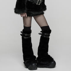 WS-826JTF Punk Accessories Black Furry Leg Warmers with Buckle Straps