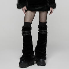 WS-826JTF Punk Accessories Black Furry Leg Warmers with Buckle Straps