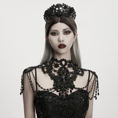 WS-836LHF Gothic Accessories Dramatic Black Lace Beaded Necklace Shoulder Harness