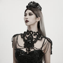 WS-836LHF Gothic Accessories Dramatic Black Lace Beaded Necklace Shoulder Harness