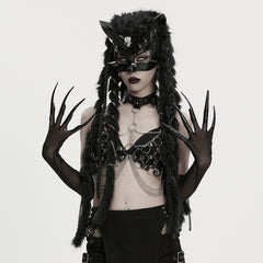 WS-842SSF Gothic Accessories Fur Hooded Mask with Chains Claw Gloves Set
