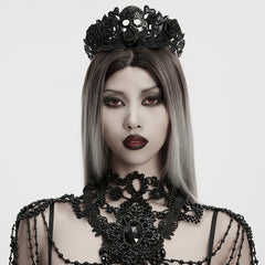 WS-843FSF Gothic Accessories Skull Crown Black Rose Lace Headpiece