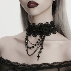 WS-873LHF Gothic Accessories Lace Choker with Cross Pendant Chains