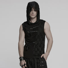 WT-1003BXM Edgy Sleeveless Distressed Punk Vest with Buckle Accents Hooded