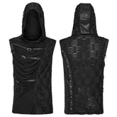 WT-1003BXM Edgy Sleeveless Distressed Punk Vest with Buckle Accents Hooded