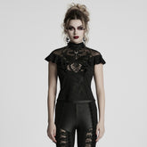 WT-1004TDF Gothic Shirts Lace Mesh Ruffled High Neck Top