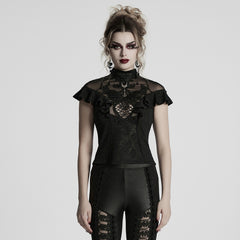 WT-1004TDF Gothic Shirts Lace Mesh Ruffled High Neck Top
