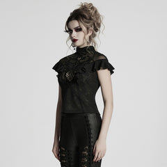 WT-1004TDF Gothic Shirts Lace Mesh Ruffled High Neck Top