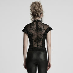 WT-1004TDF Gothic Shirts Lace Mesh Ruffled High Neck Top