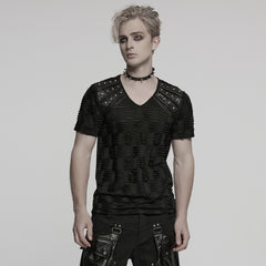 WT-1011TDM Edgy Distressed Studded Black Punk T-Shirts V-Neck Design