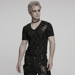WT-1011TDM Edgy Distressed Studded Black Punk T-Shirts V-Neck Design