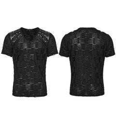 WT-1011TDM Edgy Distressed Studded Black Punk T-Shirts V-Neck Design