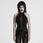 WT-1012TDF Gothic Shirts Black Halter Top Lace Detail Ruffled Design