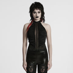 WT-1012TDF Gothic Shirts Black Halter Top Lace Detail Ruffled Design