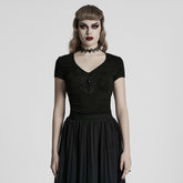 WT-1013TDF Gothic T-Shirts V-Neck Black Lace Embellished Top