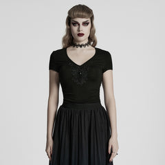 WT-1013TDF Gothic T-Shirts V-Neck Black Lace Embellished Top