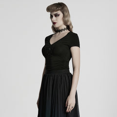 WT-1013TDF Gothic T-Shirts V-Neck Black Lace Embellished Top