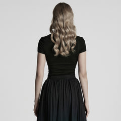 WT-1013TDF Gothic T-Shirts V-Neck Black Lace Embellished Top