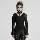 WT-1019TCF Gothic T-Shirts Lace Embroidered Sheer Sleeve Elegance Top