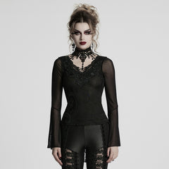 WT-1019TCF Gothic T-Shirts Lace Embroidered Sheer Sleeve Elegance Top