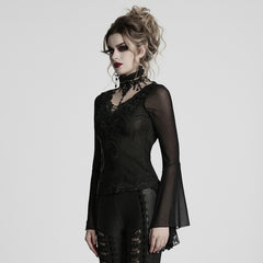 WT-1019TCF Gothic T-Shirts Lace Embroidered Sheer Sleeve Elegance Top
