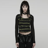 WT-1022TCF Edgy Gothic T-Shirt with Mesh Sleeves and Distressed Stripes