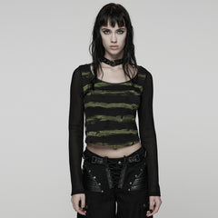 WT-1022TCF Edgy Gothic T-Shirt with Mesh Sleeves and Distressed Stripes