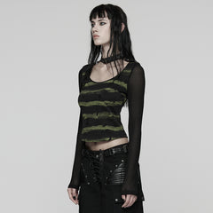 WT-1022TCF Edgy Gothic T-Shirt with Mesh Sleeves and Distressed Stripes