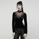 WT-1023TCF Velvet Gothic T-Shirts Mesh Hearts Lace Design Long Sleeve